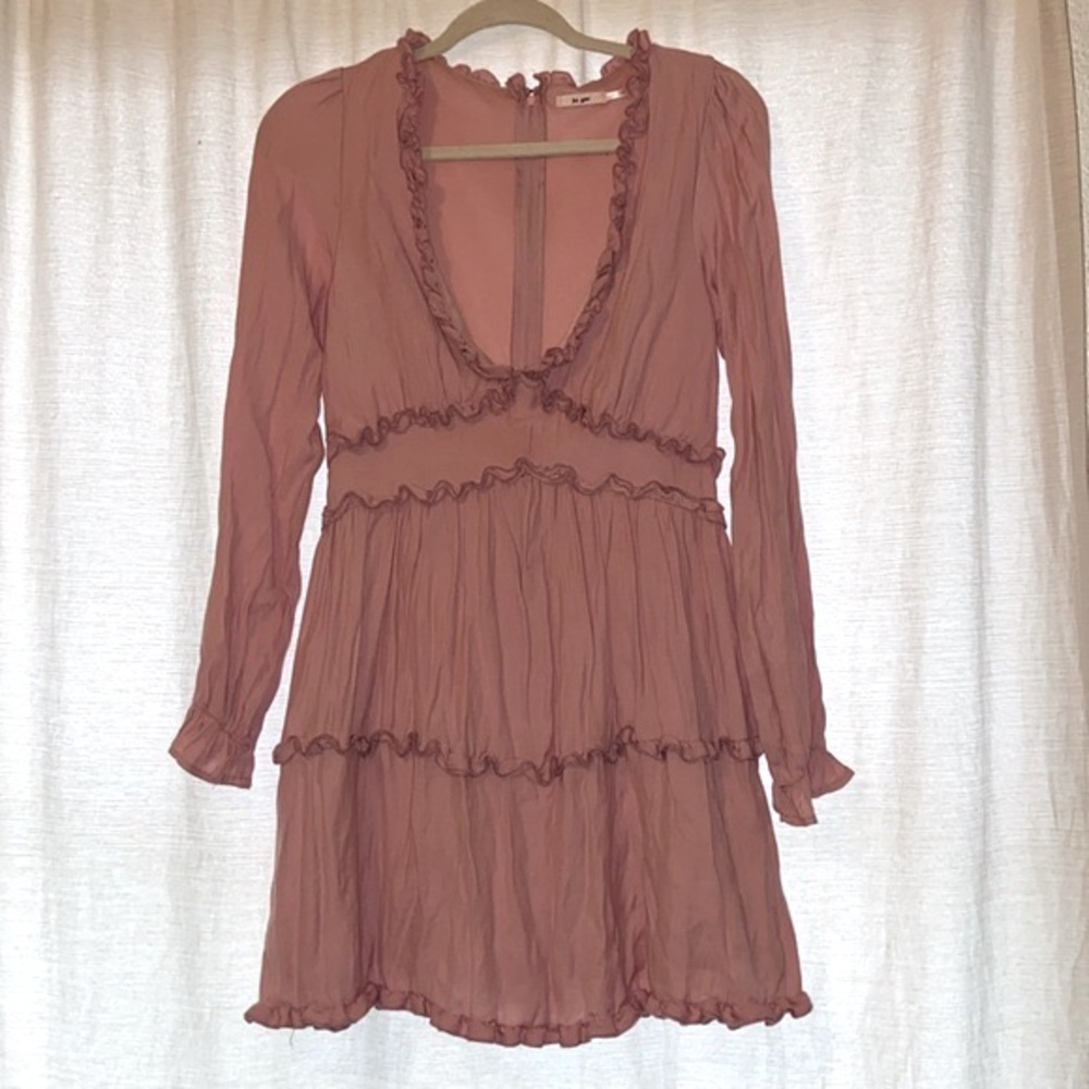 Valentine’s date dress! Dusty pink with ruffles and plunging neckline!